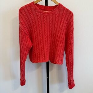 Aerie Red Crewneck Cable Knit Textured Sweater Medium Casual Coastal Fisherman